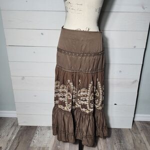 Lapis Maxi Skirt Tiered Embroidered Earthy BOHO Hippie Festival.